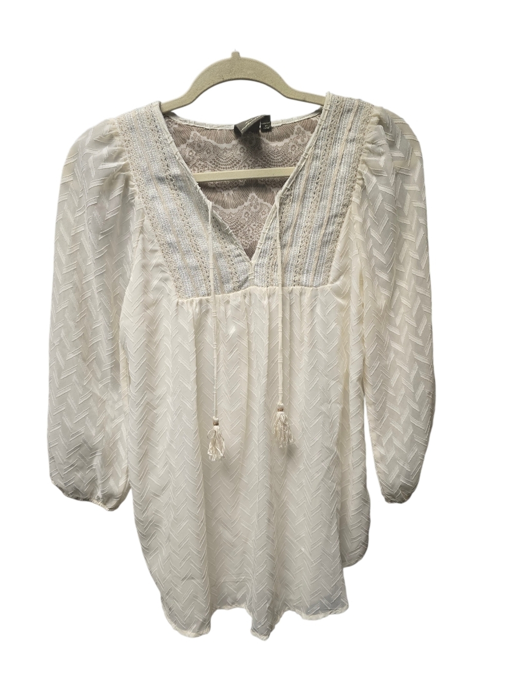 One September Ivory Popover Blouse Top Shirt-V Neck-Gold Accents-Sz.S